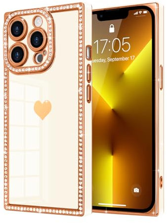 Urarssa for iPhone 13 Pro Max Case, Rectangle Bling Sparkly Diamond Glitter Phone Case for Women Girls with Cute Heart Pattern Camera Lens Protection Slim TPU Bumper Shockproof Plating Cover, White