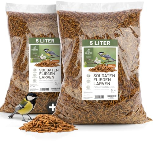 wildtier liebe Edel Soldatenfliegenlarven getrocknet 2 x 5L I Getrocknete Soldatenfliegenlarven für Vögel & Igel I Proteinreiches Vogelfutter, Wildvogelfutter für ganzjährige Fütterung, 2er Set