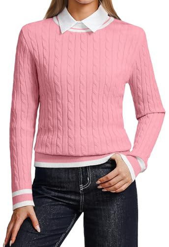 YUNDAI Womens Jumpers Casual Long Sleeve Crewneck Lightweight Ribbed Knit Contrast Color Sweater Ladies T-Shirts Tops for Women Spring Fall, Medium Pink