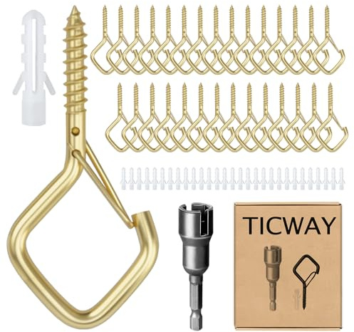 Ticway 30 Stück Schraubhaken, Haken Zum Schrauben mit Sicherung, Wandhaken, Deckenhaken, Schraubhaken Gold Kann für Pflanzen, Blumentöpf