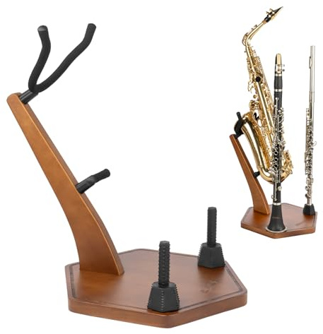 STRICH Wooden Saxophone Stand Display For Alto Tenor Sax, Handmade Solid Wood Floor Holder Colour Walnut, Weighted Heavy Base Sax Stand with 2 Flute/Clarinet Holders