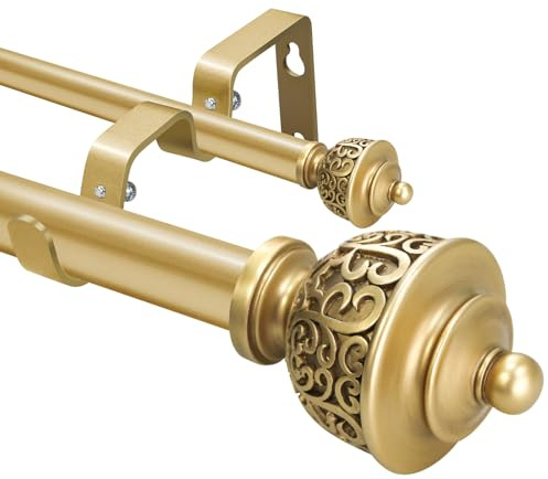 Barra de cortina doble dorada de 1 pulgada con remates de bola de estilo vintage, barras de cortina de tensión de 84 a 120 pulgadas para decoración de dormitorio y hogar