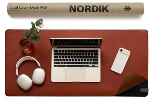 Nordik Felt and Leather Desk Mat - Emberwood Brown - 89 X 43cm Felt and Vegan Leather Desk Blotter with Document Hideaway - Large Computer Mats for Desktop - Ideal Keyboard Mat for Office and Home