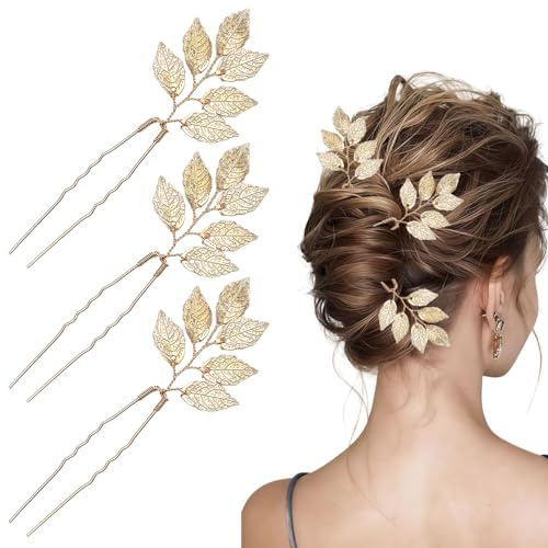 3 Horquillas doradas con diseño de hojas, accesorios para el cabello de boda, pasadores en forma de U para novias, damas de honor, fiestas, bodas, peinados recogidos