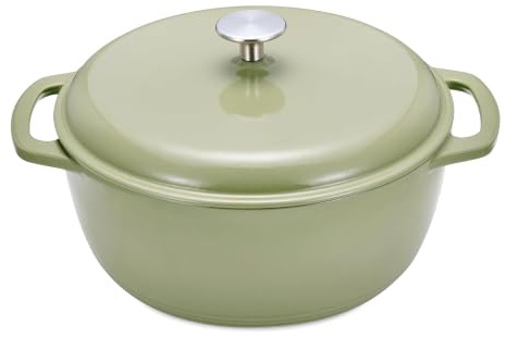 Amazon Basics Cast Iron Casserole Dish with Lid, Enamelled, Round, Heavy-Duty, 5.7 L, Olive