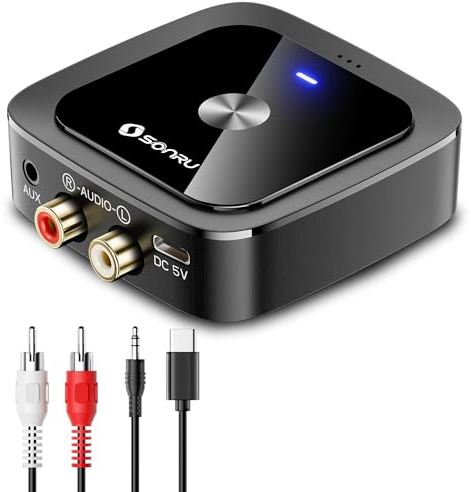 SONRU Récepteur Bluetooth 6.0 Jack, Adaptateur Bluetooth RCA pour Chaine Hi-FI, recepteur Bluetooth Voiture avec 2RCA et 3.5mm Double Connexion pour Enceintes Bass Reflex Car Radio MP3