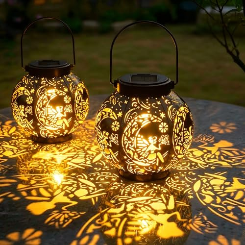 Solar Fairy Lanterns for Outdoor 2 Pack, Metal Garden Lantern Decor with Fairy Design, IP65 Waterproof Solar Lights for Patio, Lawn, Yard, Decorative Gift for Women Mum Grandma
