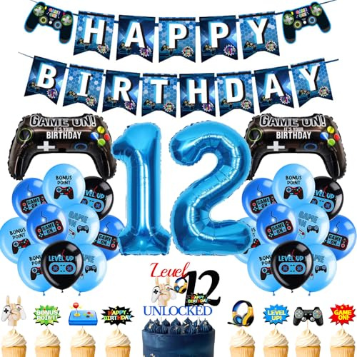 12th Birthday Video Game Decorations - 34 Pcs Gaming Birthday Decorations Including Cupcake Toppers Controller Foil Balloons Number 12 Balloon Level Up for Blue Boys Gamer Party Supplies