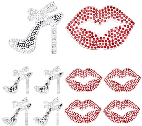 TNKBREEZE 10 Stück Bügelsteine Applikation Rote Lippen High Heel Motiv Glitzer Bügelbild Klasse Dame Hitzetransfer Abzeichen für DIY Tragetasche Mütze T Shirts Tasche Schuhe Deko