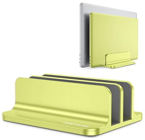 OMOTON Vertikaler Laptop Ständer, Aluminium, Aktualisierte Doppelversion | Platzsparend, Verstellbare Breite, für MacBook Pro/Air & andere Laptops (bis zu 17,3), Rutschfestes Silikon, Stabil, Grün