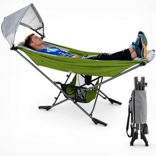 LET'S CAMP Mock ONE® Garten-Hängematte mit Gestell und UPF 50+ Sonnendach | 210T Fallschirmnylon, Stahlrahmen bis 113 kg, Aufbau in 1 Min., gepolsterte Enden, Seitentaschen und Tragegurt für Garten
