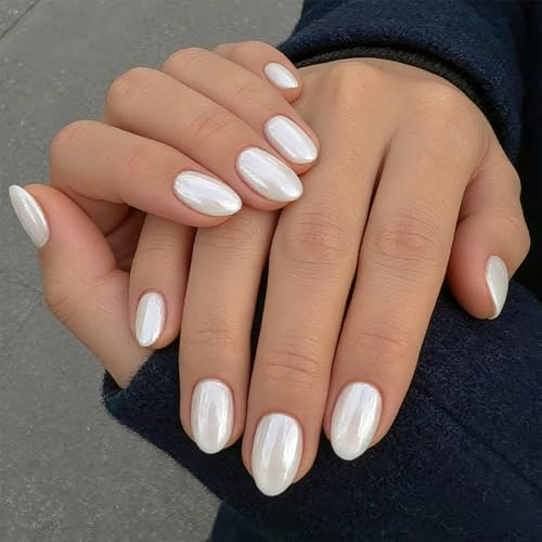 Bukecagif White Chrome Press On Nails, 32 Pieces Stick On Nails, False Nails, French Glue-On Nails, Mirror Design, Full Cover Acrylic Nails, Reusable for DIY Manicure