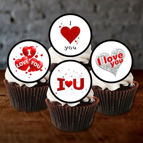 PRECUT I Love You Cupcake Toppers, Valentines Day Edible Cake Topper, Edible Valentine Cake Decorations, Proposal Decorations, Engagement Cake Decoration, Anniversary Cake Toppers (24)