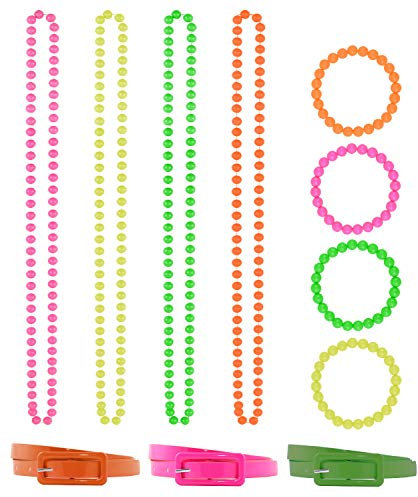 Foxxeo 50003 | 80er Jahre Neon Spar Set - 11-teilig 3X Gürtel 4X Perlenkette 4X Armband für Damen neonfarbene Kostüm Zubehör 80s