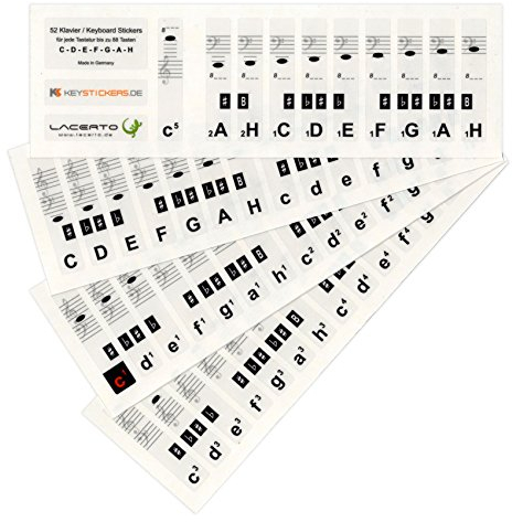 Lacerto® | Noten Aufkleber für alle Klavier, e-Pianos oder Anfänger Keyboard mit 37, 44, 49, 54, 61, 76, 88-Tasten | 52 Stickers für deutsches Notensystem C-D-E-F-G-A-H | Made in Germany