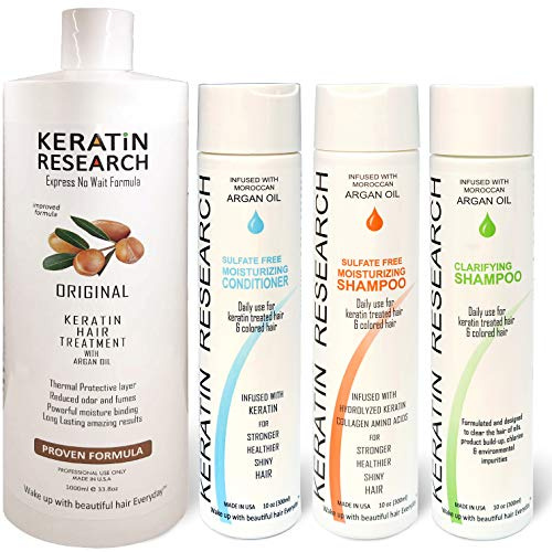 Keratin Research Complex Brazilian Keratin Hair Treatment 4 Bottles 1000ml Kit with Sulfate Free Shampoo Conditioner