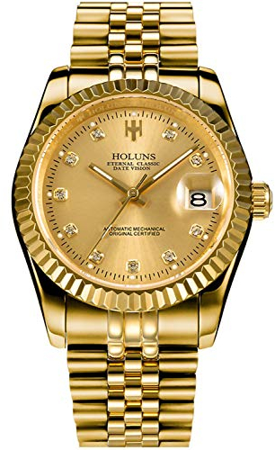 HOLUNS Herren-Armbanduhr, Vollgold, automatisch, mechanisch, vergoldeter Stahl, selbstaufziehend, Saphirglas, wasserdicht, wasserdicht, Gold, Luxuriös