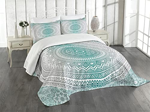 ABAKUHAUS Mandala Tagesdecke Set, Boho Meditation Kunst, Set mit Kissenbezug luftdurchlässig, für Einzelbetten 170 x 220 cm, Grau Teal