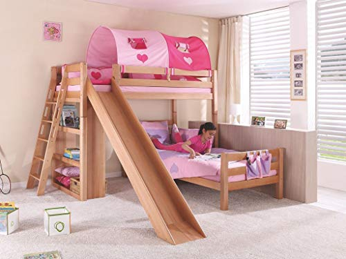 Froschkönig24 Etagenbett Sky Kinderbett mit Rutsche Spielbett Bett Natur Stoffset Pink/Herz, Matratzen Oben/unten:mit 2X Matratze
