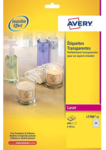 AVERY L7780-25s Etiketten, transparent, rund, 40 mm, glänzend, Laserdruck, 600 Stück