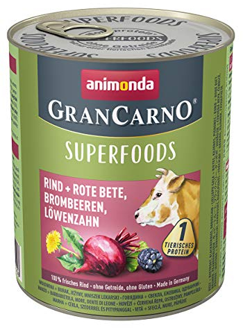 animonda GranCarno Hunde Nassfutter Superfoods Rind pur (6 x 800g), getreidefreies Hundenassfutter ohne Zucker, für ausgewachsene Hunde, mit frischen fleischigen Zutaten