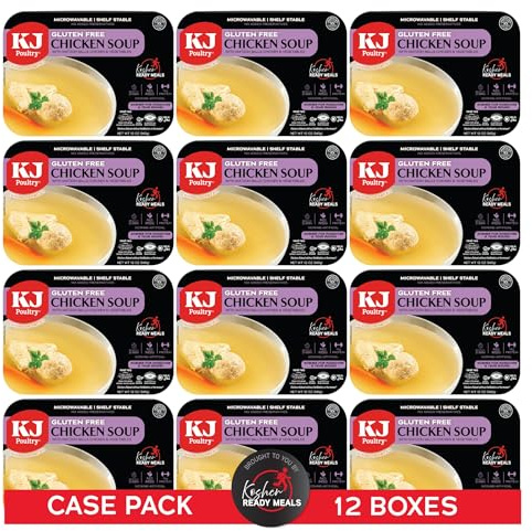 KJ Poultry Kosher for Passover Gluten Free Meals, Chicken Soup with Non Gebrokts Matza Balls, Halal, (12 Pack) Prepared Entree Fully Cooked, Shelf Stable Microwave Dinner, Travel, Military, Camping