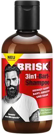 BRISK 3in1-Bart-Shampoo, 150 ml, Bart- und Haarpflege, Gesichtsreinigung für Männer, Shampoo für weiches Barthaar, Pflegeprodukt mit Bio-Teebaumöl
