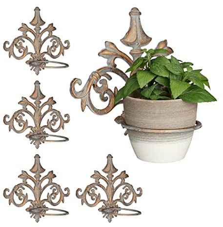 Relaxdays 5 x Wand Blumenhalter Barock, Gusseisen, Vintage Blumentopfhalter für draußen, Blumentopfring Ø 13,5 cm, Gold-grau