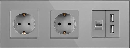 BSEED Glasscheibe 16A EU-Buchse mit PC Enhanced CAT5e und USB-Ladeanschlüssen Netzteil 100-220V-Buchsen Grau