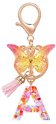 MWOOT Letter Keychains Initiale Buchstaben-Schlüsselanhänger,Alphabet Harz Key Chain mit Schmetterling Quaste Anhänger Handtasche Geldbörse Charm,Rosa Herz Pailletten Keyring für Frauen Mädchen(A)
