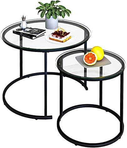 Azheruol Nesting Couchtisch-Set, moderner schwarzer Beistelltisch aus gehärtetem Glas, Metallrahmen, runder Beistelltisch. Kleiner Glas-Teetisch für Wohnzimmer, Schlafzimmer, Essentials, 60 cm