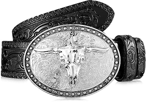 Xuniea Cowboy Gürtel mit Longhorn Schnalle für Herren Western Ledergürtel mit Blumen Gravierter Schnalle (Schwarz, 47 Zoll)