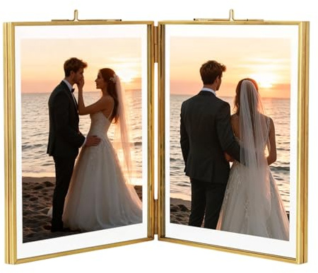 Wuuooei Fotorahmen Metall Gold, Bilderrahmen 20x15CM Glas, Doppelseitig, Faltbar, für Fotos, Blumen, Zertifikate, Postern, Pflanzen
