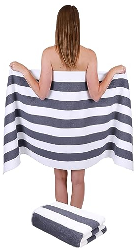 Betz 2 Stück Saunatuch Saunatücher Set Badetuch 100% Baumwolle Berlin Größe 70x180 cm XXL Sauna Handtuch Weich Groß Streifen Farbe weiß - dunkelgrau