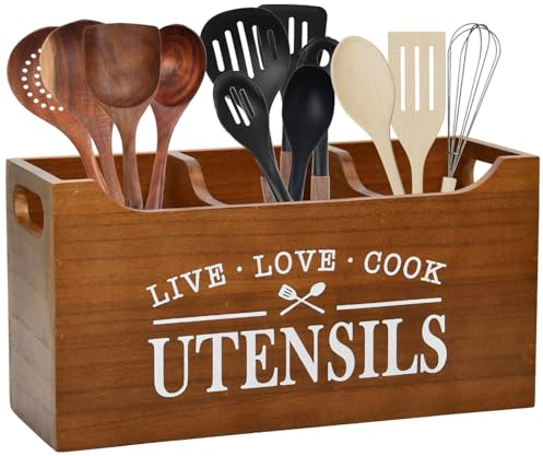 Karisky Soporte para utensilios de cocina con parte inferior de drenaje, organizador grande de 3 compartimentos de madera maciza para encimera de cocina, almacenamiento de herramientas de cocina de