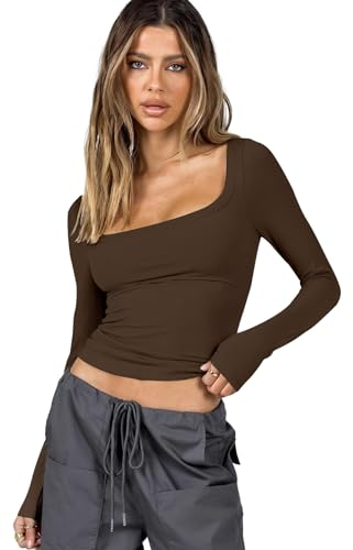 Rongseng Damen Langarmshirt Y2k Tops Sexy Oberteile Quadratischer Ausschnitt Crop Tops Slim Fit Langarm Pullover Stretch Basic Longsleeve T-Shirt Einfarbig Elegant Streetwear