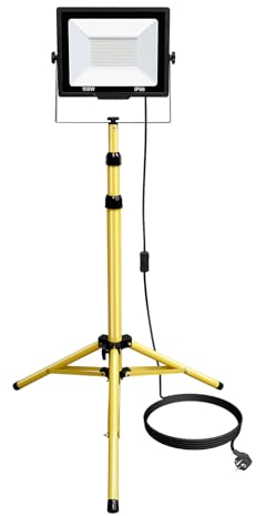 RIGIDON 100W LED Baustrahler Arbeitsstrahler mit Stativ, 10000lm led fluter arbeitsleuchte, Teleskopisch tripod ständer led strahler für werkstatt, baustelle, camping, garage, garten, wasserdicht