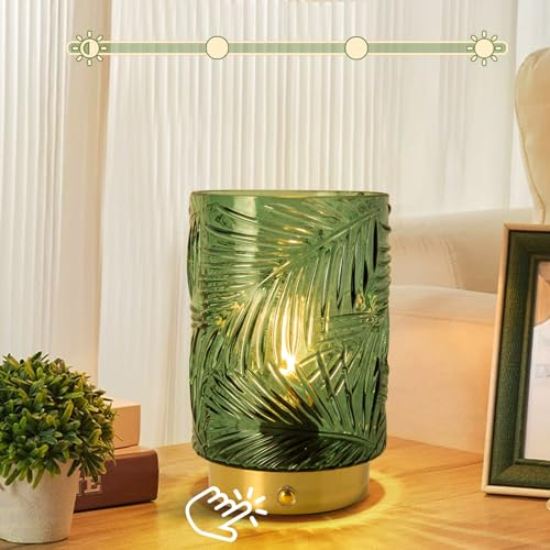MJ PREMIER Rechargeable Table Lamp, Touch Lamps Bedside Lamps, Dimmable Glass Lamps for Bedroom, USB Battery Lamps Indoor, Glass Shade Metal Base (Green)