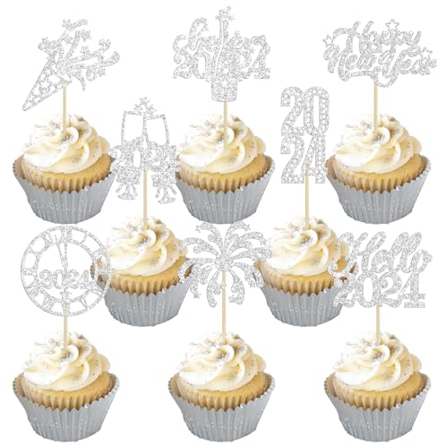 Gyufise 24Pcs 2025 Happy New Year Cupcake Toppers Silver Glitter Firework Clock Hello 2025 Cheers to 2025 Cupcake Pick Decorations for New Years Eve Party Favor Decorations Supplies