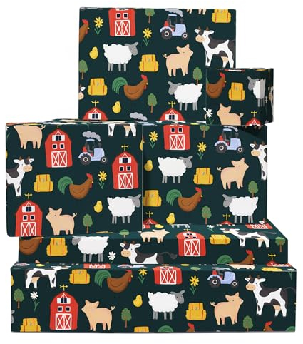 Geschenkpapier mit Bauernhoftieren – Dunkelgrün – 6 Blatt Geburtstagsgeschenkpapier – Bauernhof – Babyparty – für Mädchen oder Jungen – Taufe – recycelbar – von Central 23
