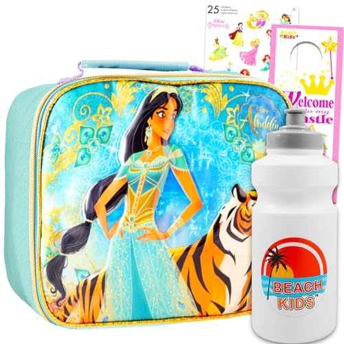 Set di portapranzo per ragazze, motivo: principessa Jasmine, con borsa termica Aladdin e adesivi, bottiglia d'acqua, altro per bambini, contenitore per il pranzo per ragazze Disney Princess Jasmine