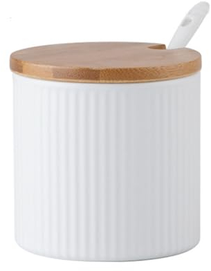 Jarsense Ceramic Sugar Bowl, 300ml Sugar Pot with Wooden Lid and Spoon, Spice Jar in Stripe Shape for Salt, Sugar, Coffee, Tea, Seasoning Box for Home Kitchen Coffee Bar - White