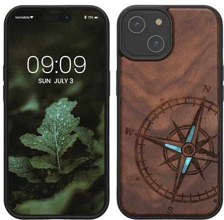 kwmobile Hülle kompatibel mit iPhone 15 Hülle - Holz Case - Handy Cover - TPU Handyhülle in Dunkelbraun Vintage Kompass mit Perlmutt