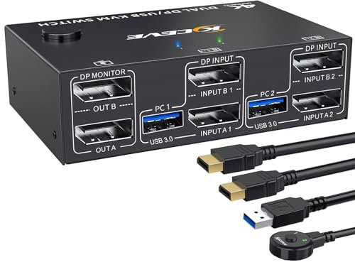 YOUTINGHDAV KVM Switch 2 Monitors 2 Computers Displayport 1.4, USB 3.0 KVM Switch Dual Monitor 4K@144Hz for 2 Computer Share Mouse Keyboard, with Wired Remote