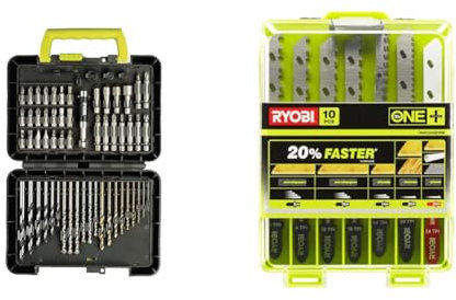 Ryobi - Coffret 60 accessoires de perçage et de vissage - RAK60DDF & Coffret 10 Lames de Coupe ONE+ pour Scie Sauteuse Sans Fil - Spécial Bois, Métal