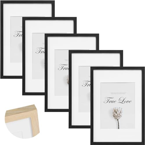 EUGAD 5er Set Bilderrahmen 30x40 cm, Massivholzrahmen mit Passepartout, Fotorahmen mit bruchsicherem Acrylglas, zum Aufhängen, für Fotos Bilder, Schwarz