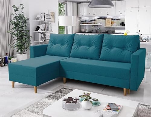 Easy4You Ecksofa Ivar Türkis L-Form – 230x93x145 cm - Schlafsofa mit Bettkasten und Schlaffunktion - Eckcouch mit Stauraum und Holzfüße, Kissen – Stoff Lux 30