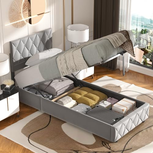 okwish Polsterbett 90x190 cm, Bett mit Stauraum, Jugendbett Hydraulisch Stauraumbett mit Bettkasten, Gepolstertes Bettgestell mit Lattenrost, Modernen Knopfnahtverzierung, Samt, Grau (Ohne Matratze)
