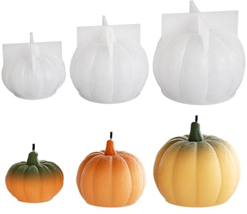 Junhui Lot de 3 Citrouille Moules à Bougie, 3D Halloween Moule époxy Silicone en Forme de Citrouille, Décoration de la Maison, Moule à Savon, Décoration de Fête Halloween