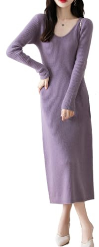 Ailaile 100% lana merino maglione vestito donna manica lunga lavorato a maglia scollo a V autunno inverno slim top lunghi